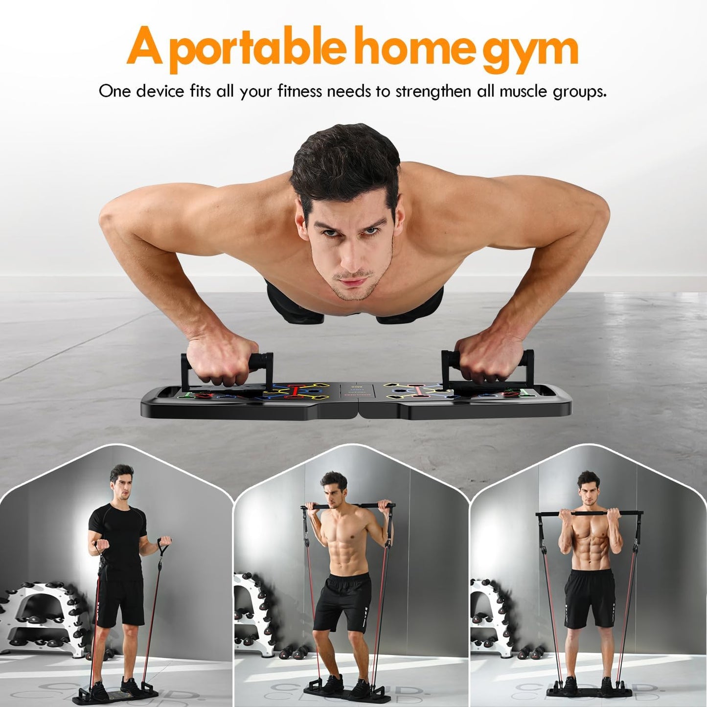 Push Up Board,Home Gym,Portable Exercise Equipment,Pilates Bar and 20 Fitness Accessories with Resistance Bands and Ab Roller Wheel, Full Body Workout at Home