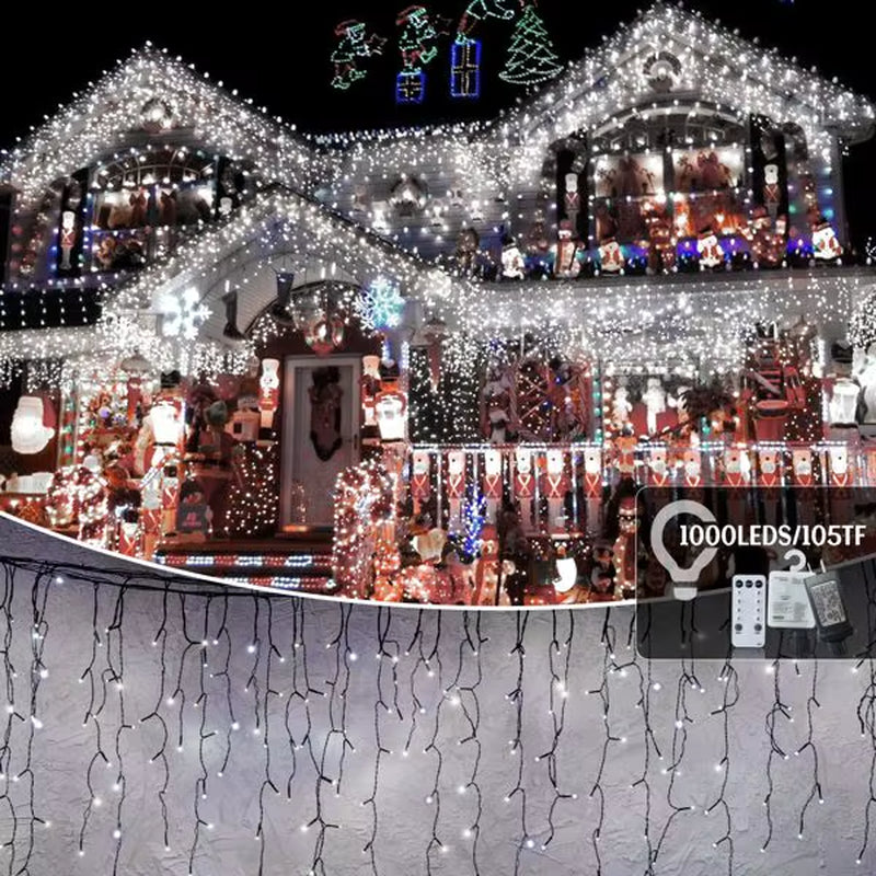105Ft Outdoor Waterproof Christmas Lights 1000 LED 8 Modes Curtain Fairy Plug in Timer Memory Function for Holiday Wedding Party
