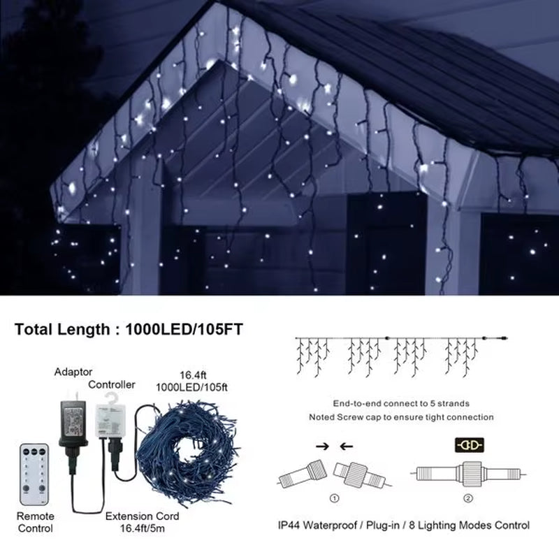 105Ft Outdoor Waterproof Christmas Lights 1000 LED 8 Modes Curtain Fairy Plug in Timer Memory Function for Holiday Wedding Party