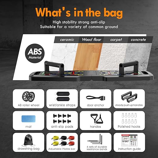 Push Up Board,Home Gym,Portable Exercise Equipment,Pilates Bar and 20 Fitness Accessories with Resistance Bands and Ab Roller Wheel, Full Body Workout at Home