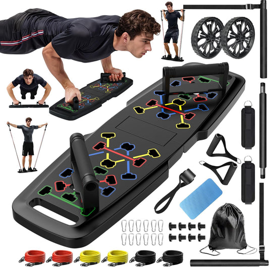 Push Up Board,Home Gym,Portable Exercise Equipment,Pilates Bar and 20 Fitness Accessories with Resistance Bands and Ab Roller Wheel, Full Body Workout at Home